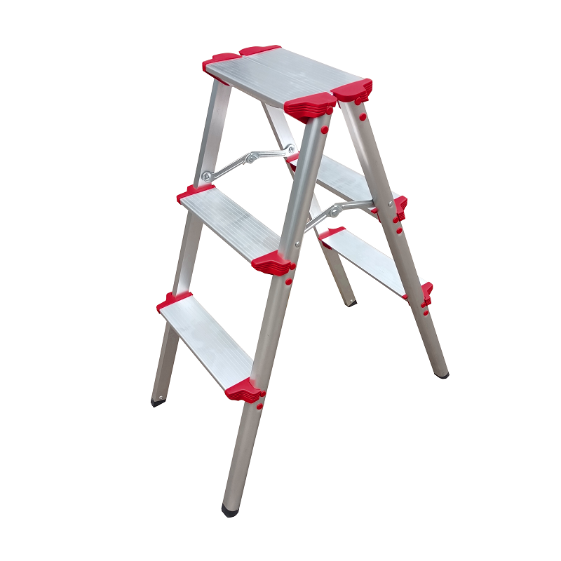 WK-DL203 Silver and Red Double Side Folding Aluminum 3 Steps Ladder