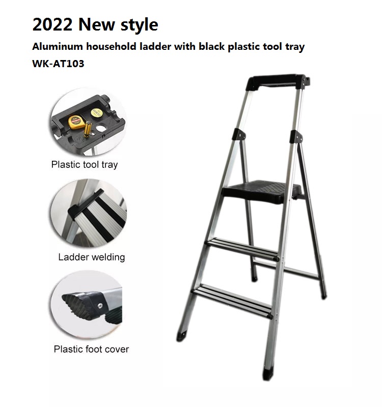 Household 3 steps ladder with black plastic tool tray