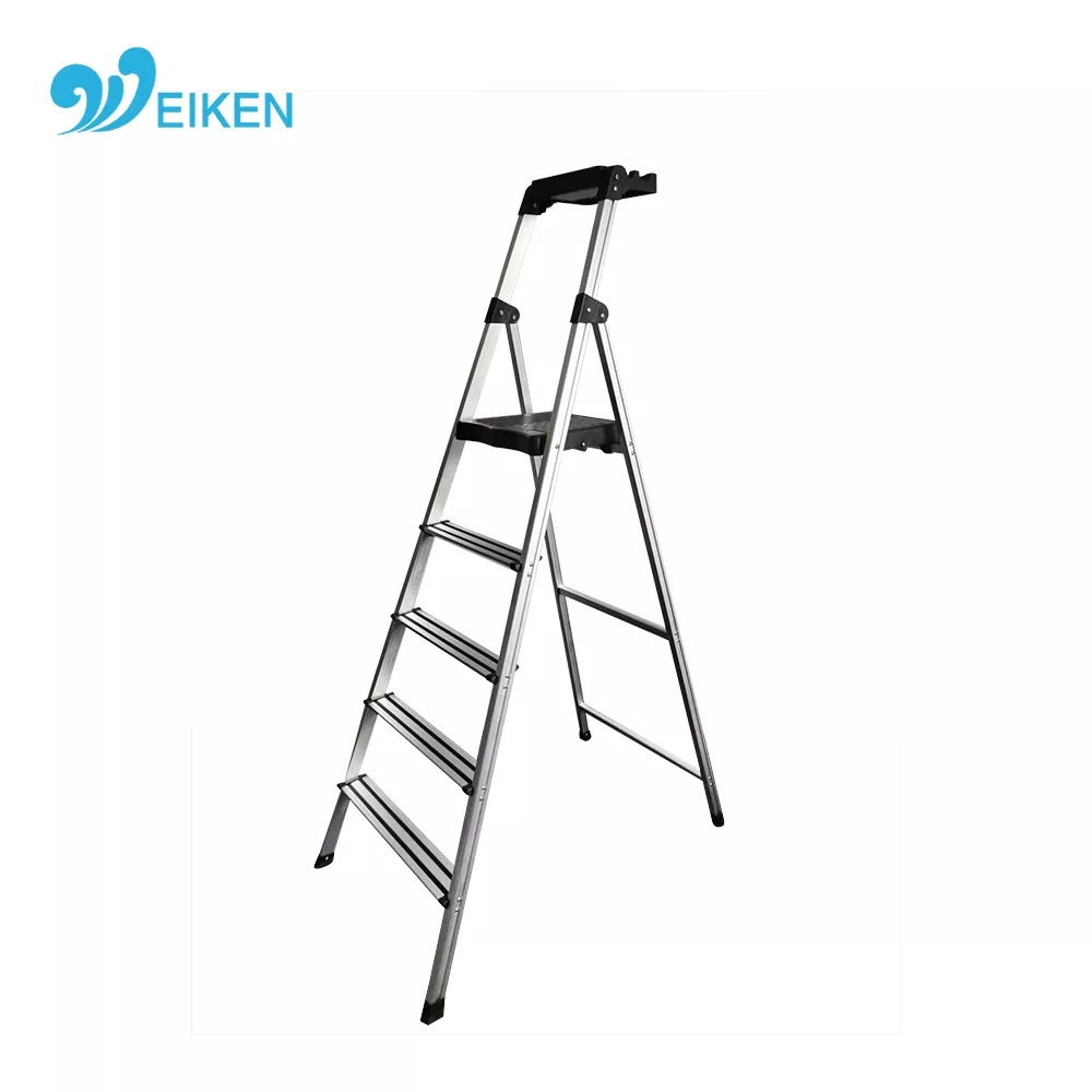 Household 5 steps ladder with black plastic tool tray